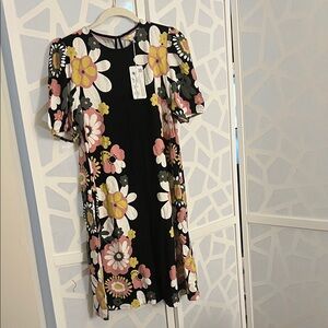 Boden Black Dress with Pink and White Floral Design